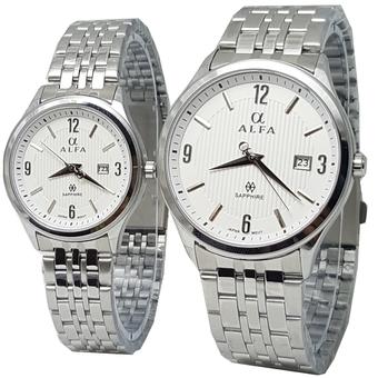 Alfa watch ALF099 Jam Tangan Couple - Strap Stainless Steel - Silver - Kaca Sfir -Tanggal Hari  