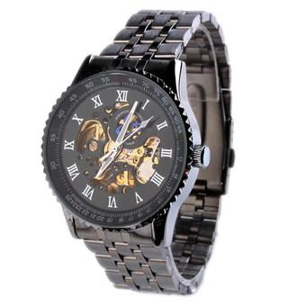 Automatic Mens Skeleton Mechanical Silver Steel Band Wrist Watch 000002 (Black)  
