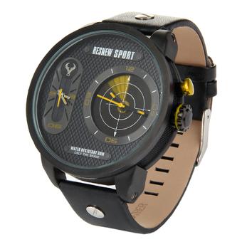 BESNEW Men's Fashion 2 Time Zones LED Backlight Leather Strap Waterproof Sport Quartz Watch - Black+Yellow  