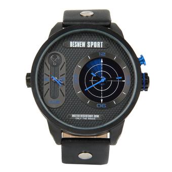 BESNEW Men's Fashion 2 Time Zones LED Backlight Leather Strap Waterproof Sport Quartz Watch - Black+Blue  