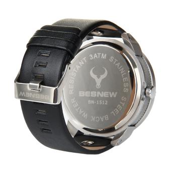 BESNEW Men's Fashion 2 Time Zones LED Backlight Leather Strap Waterproof Sport Quartz Watch - Silver+Black  