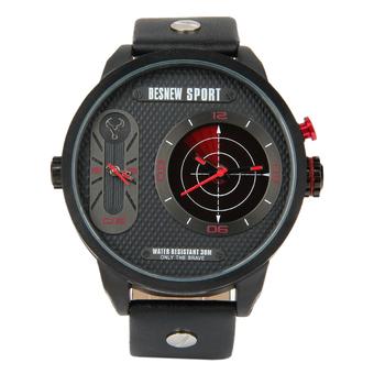 BESNEW Men's Fashion 2 Time Zones LED Backlight Leather Strap Waterproof Sport Quartz Watch - Black+Red  