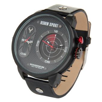 BESNEW Men's Fashion 2 Time Zones LED Backlight Leather Strap Waterproof Sport Quartz Watch - Black  