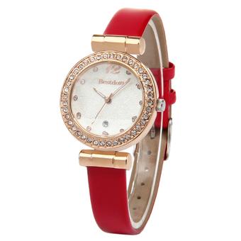 Bestdon Women's Leater Strap Prismatic Surface Dial Rhinestone Scale Dress Quartz Watch - Rose Gold + White + Red  