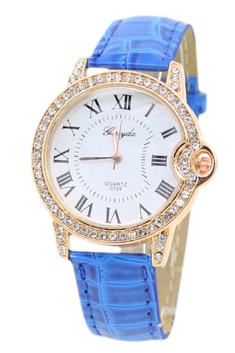 Blue lans Quartz Crystal Bracelet Blue Leather Strap Watch  