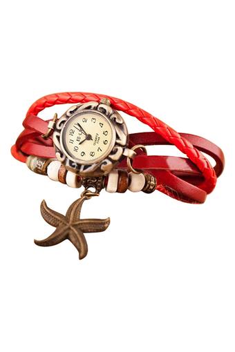 BlueLans Starfish Decor Wrist - Jam Tangan Wanita - Merah - Starp Leather  