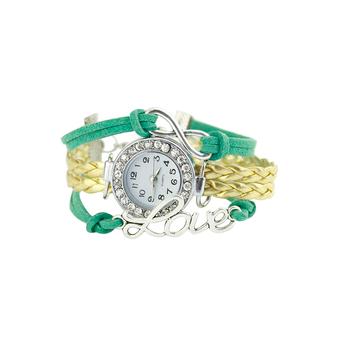 Bluelans Antique Infinity Love Charm Leather Crystal Bracelet Watch Green+Gold  