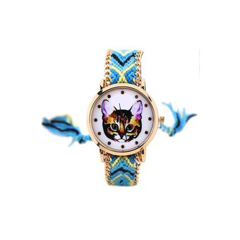 Bluelans Fashion Women Ethnic Knitted Rope Bracelet Cat Quartz Wrist Watch  