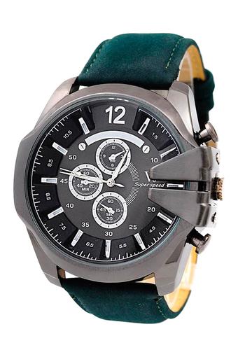 Bluelans Men's Green Leather Strap Black Case Watch  