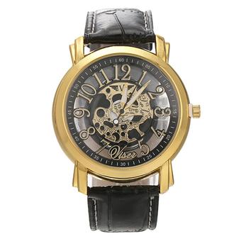 Bluelans Men's Hollow Black Strap Gold Case Black Dial Leather Faux Mechanical Wrist Watch  