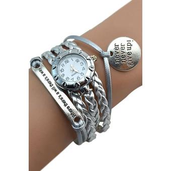 Bluelans Motto Never Give Up Charm Bracelet Wrist Watch Silver  