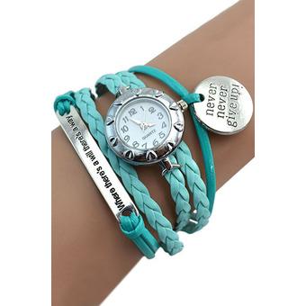 Bluelans Motto Never Give Up Charm Bracelet Wrist Watch Light Blue  