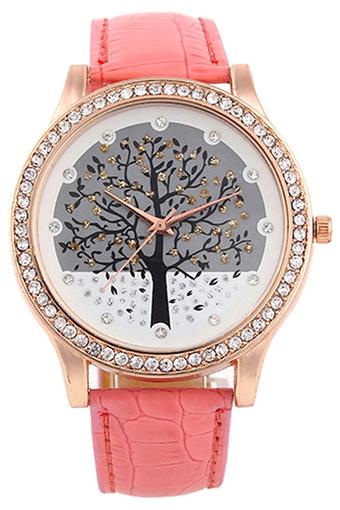 Bluelans Pink Faux Leather Band Tree Dial Rhinestone Gold Tone Wrist Watch  