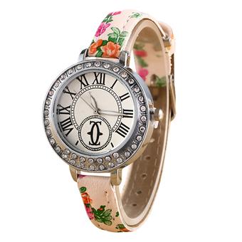 Bluelans Roman Numerals Slim Faux Leather Rhinestone Inlaid Wrist Watch Pink  
