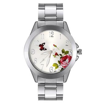 Bluelans Unisex Butterfly Rose Flower Faux Leather Stainless Steel Band Lover Wrist Watch Silver (Intl)  