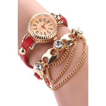 Bluelans Women's Boho Rhinestone Alloy Faux Leather Wrap Chain Watch (Red)  