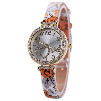 Bluelans Women's Love Heart Faux Leather Flower Strap Quartz Dress Wrist Watch Orange (Intl)  