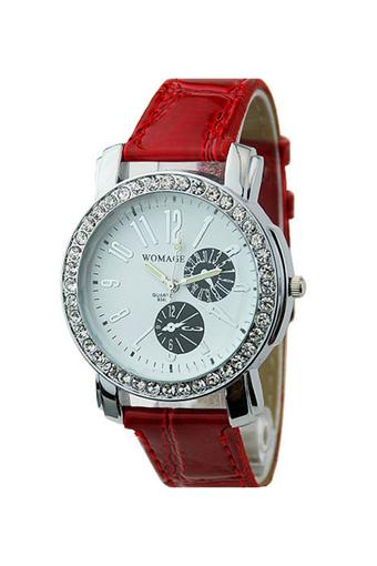 Bluelans Womens Quartz Crystal Luminous Pointer Faux Leather Watch Red  