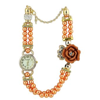 Bluelans Womens Rhinestone Flower Faux Pearl Quartz Watch Orange  