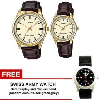 Casio Couple Watch Jam Tangan Couple - Cokelat Gold - Strap Genuine Leather Band - V005GL-9AUDF + Gratis Swiss army watch - Warna Random  