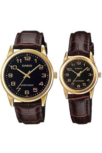 Casio Couple Watch Jam Tangan Couple - Cokelat Gold - Strap Genuine Leather Band - V001GL-1BUDF  