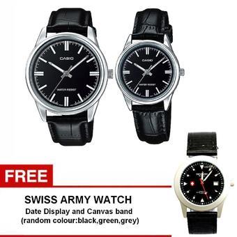 Casio Couple Watch Jam Tangan Couple - Hitam Silver - Strap Genuine Leather - V005L-1AUDF + Gratis Swiss army watch - Warna Random  