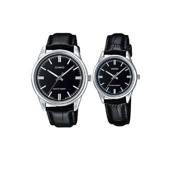 Casio Couple Watch Jam Tangan Couple - Hitam Silver - Strap Genuine Leather - V005L-1AUDF  