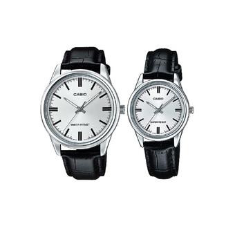 Casio Couple Watch Jam Tangan Couple - Hitam Silver - Strap Genuine Leather - V005L-7AUDF  