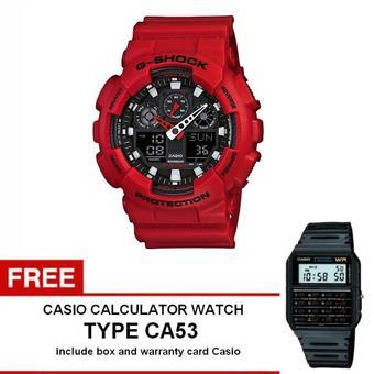 Casio G-shock GA-100B-4A - Jam Tangan Pria - Merah - Resin + Free Casio Calculator Watch CA53  