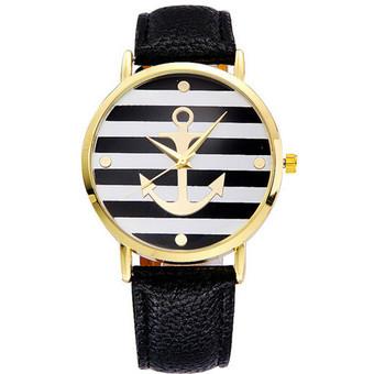 Casual Ultra-Thin Lady's Fashion Leather Anchor Quartz Wristwatch LC179 Black  