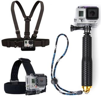Chest Belt + Head Strap +19cm Extendable Pole HandheldMonopod with Mount Adapter For Gopro Action Camera(Gold) - Intl  