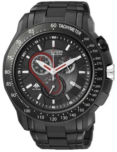 Citizen Eco-Drive Mens Chronograph Watch AT0719-55E Jam Tangan Pria Strap Stainless Steel - Full Black