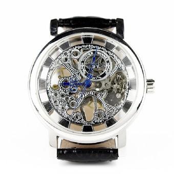 Classic Men'S Skeleton Automatic Mechanical Numerals Wrist Watch Pu Black Strap Silver Dial (Intl)  