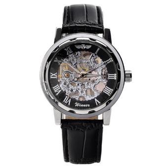 Classic Men's Black Leather Dial Skeleton Mechanical Fashion Business Casual Wrist Watch (Intl)  