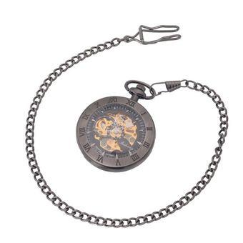Classic Steampunk Roman Dial Mechanical Skeleton Steel Mens Windup Pocket Watch Black (Intl)  