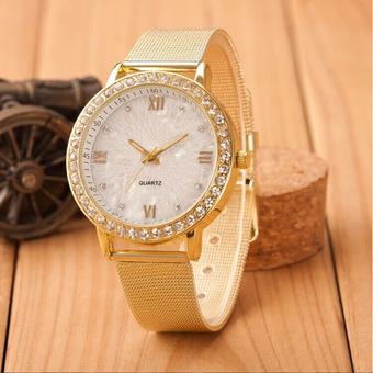 Classy Women Ladies Crystal Roman Numerals Gold Mesh Band Wrist Watch Gold  