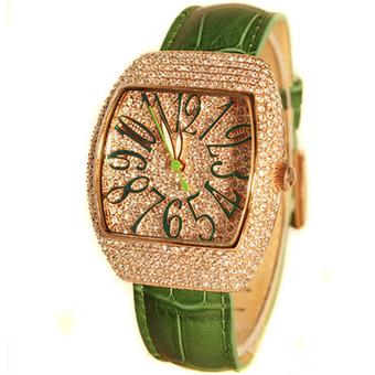 Davena D3029303 Lady Full Diamond Crystal Green Leather Strap Women Business Quartz Watch (Intl)  