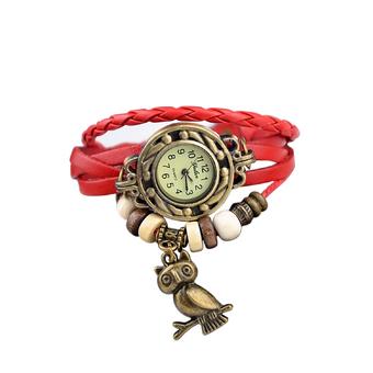 Elegant Ladies Bronze Owl Boho Chic Vintage Hand Made Weave Wrap Bracelet Watch Red (Intl)  
