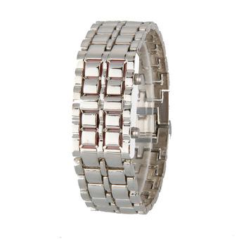 Elenxs New Alloy LED Volcanic Lava Iron Faceless Metal Watch Bracelet Silver and Red Light and Women  