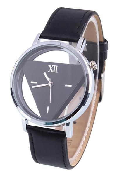 Exclusive Imports Hollow Triangle Black Strap Black Dial Faux Leather Quartz Watch