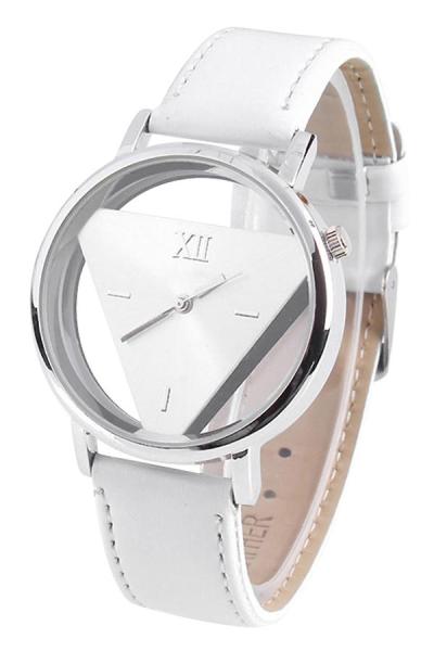 Exclusive Imports Hollow Triangle White Strap Silver Dial Faux Leather Quartz Watch