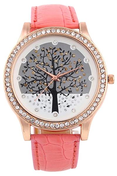 Exclusive Imports Pink Faux Leather Band Tree Dial Rhinestone Gold Tone Wrist Watch