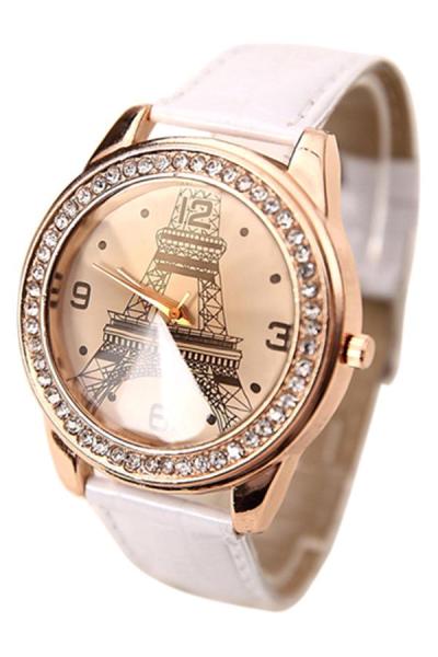 Exclusive Imports Rhinestone Eiffel Tower White Watch - Jam Tangan Wanita - Putih - Strap Leather