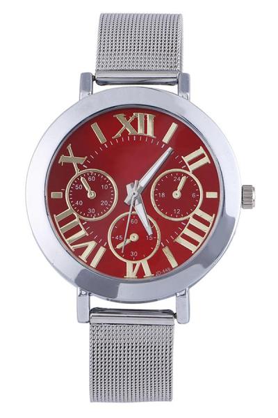 Exclusive Imports Roman Numerals Women's Silver Mesh Analog Watch Red