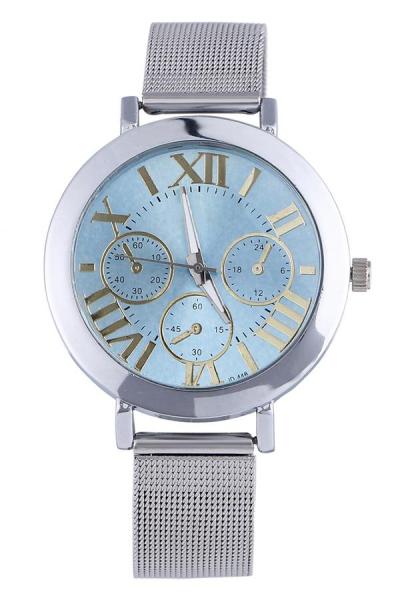 Exclusive Imports Roman Numerals Women's Silver Mesh Analog Watch Light Blue