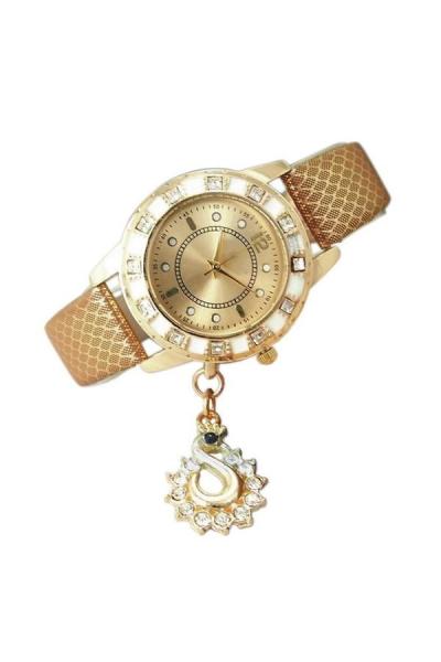 Exclusive Imports Snakeskin Mesh Peacock Rhinestone Watch Gold