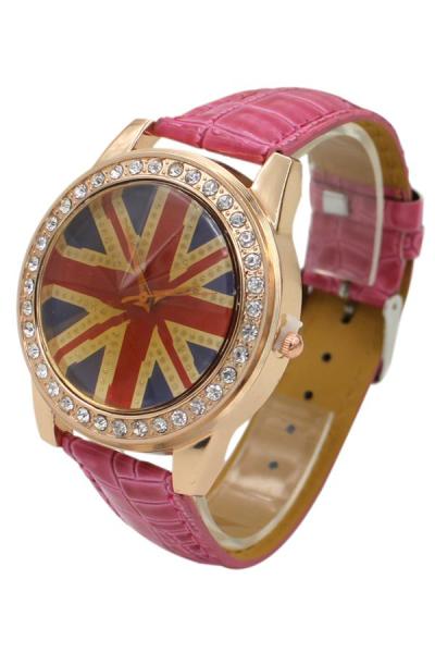 Exclusive Imports UK Flag Woman's Rose-Red Crystal Leather Quartz Strap Watch