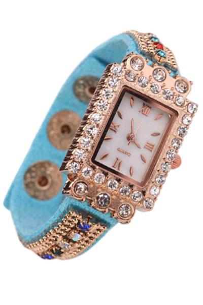Exclusive Imports Woman Crystals Roman Numerals Square Wrist Watch Sky Blue