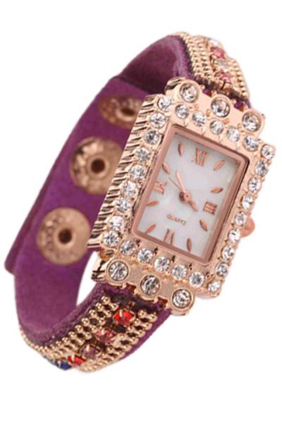 Exclusive Imports Woman Crystals Roman Numerals Square Wrist Watch Purple
