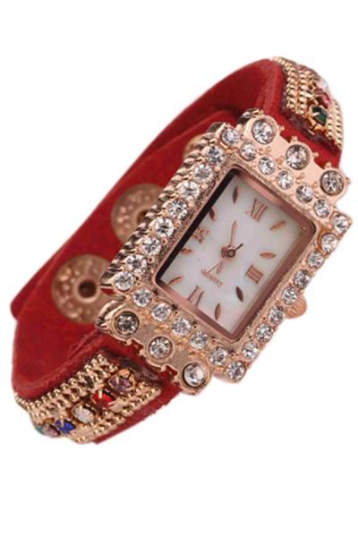 Exclusive Imports Woman Crystals Roman Numerals Square Wrist Watch Red